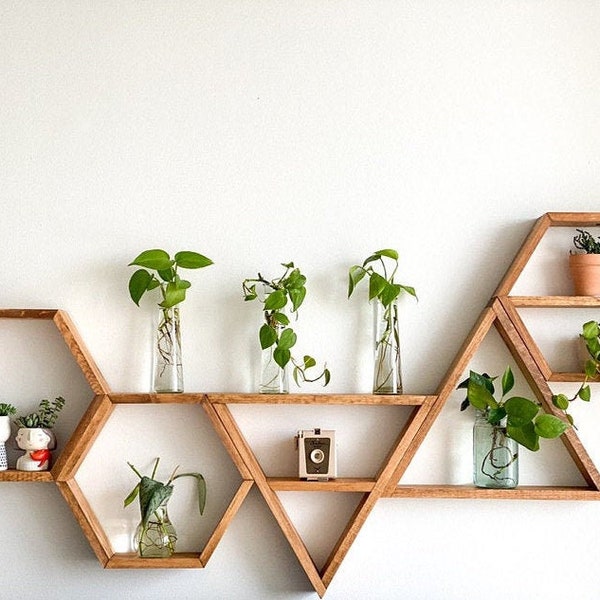 Set of Five Wood Hexagons and Triangles Shelves - 3 Hexagons + 2 Triangles -Home Decor - Honeycomb Shelves - Shelves for Bedroom