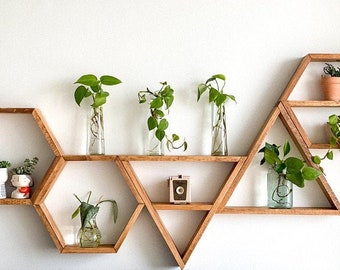 Set of Five Wood Hexagons and Triangles Shelves - 3 Hexagons + 2 Triangles -Home Decor - Honeycomb Shelves - Shelves for Bedroom