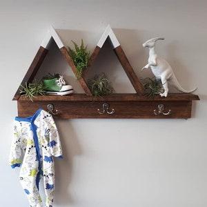 Double Peak Mountain Shelf with Hooks - Mountain Shelf - Wall Hangings - Rustic Decor