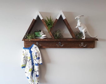 Double Peak Mountain Shelf with Hooks - Mountain Shelf - Wall Hangings - Rustic Decor