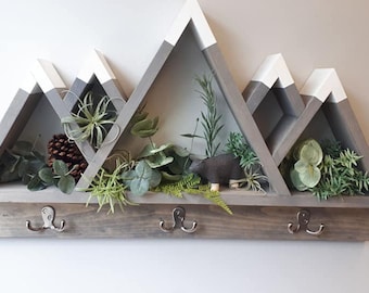 Pine Decorative Wooden Mountain Wall Shelf - Five-Peak Wood Mountain Shelf With Hooks