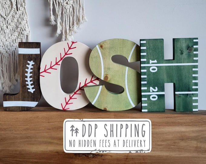 Sports Letters - Wooden Wall Decoration: Handcrafted Wood Name - Football, Baseball, Basketball, Hockey, Tennis