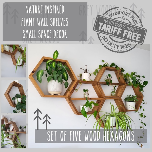 Wood Hexagon Wall Shelves Set of 5 – Solid Pine Wooden Honeycomb Shelves
