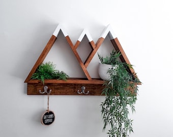 Pine Decorative Wooden Mountain Wall Shelf - Crown Mountain with Hooks