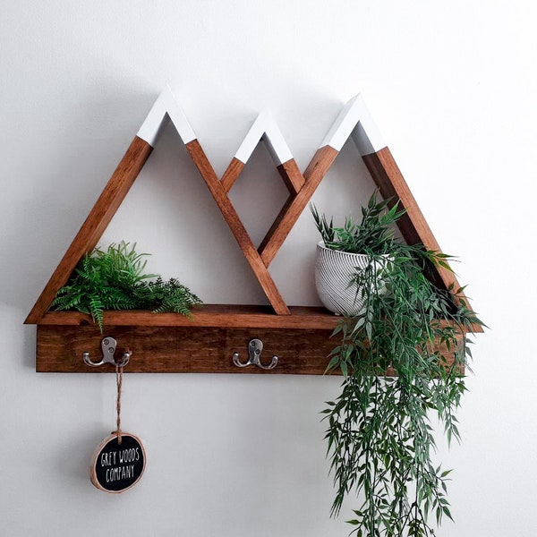 Crown Mountain Shelf with Hooks - Wood Mountain Shelf - Rustic Decor - Wall Decor - Home Decor - Floating Shelf