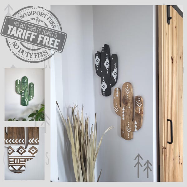 Aztec Cactus Wooden Wall Decoration with White Accents: Bohemian Wood Desert Decor