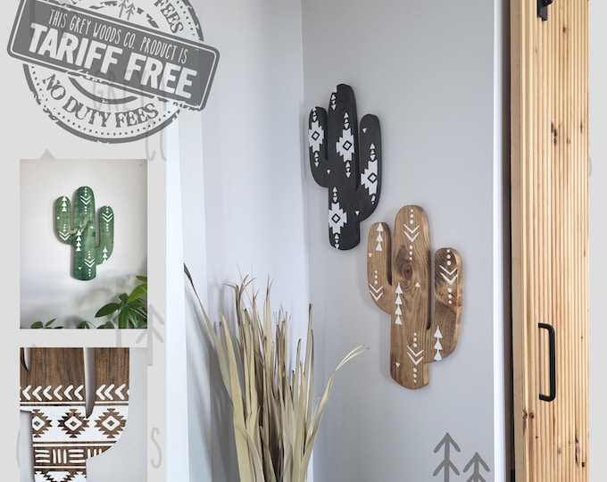 Aztec Cactus Wooden Wall Decoration with White Accents: Bohemian Wood Desert Decor