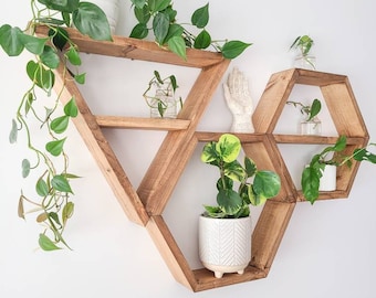 Hexagons and Triangle Shelf Set - 2 Hexagons + 1 Triangle - Wall Hangings - Honeycomb Shelves Floating Wood Shelf