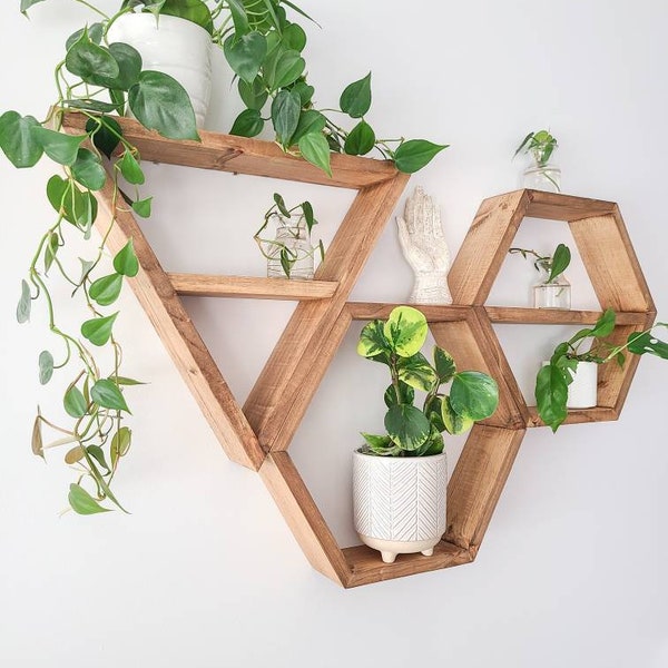 Hexagons and Triangle Shelf Set - 2 Hexagons + 1 Triangle - Wall Hangings - Honeycomb Shelves Floating Wood Shelf