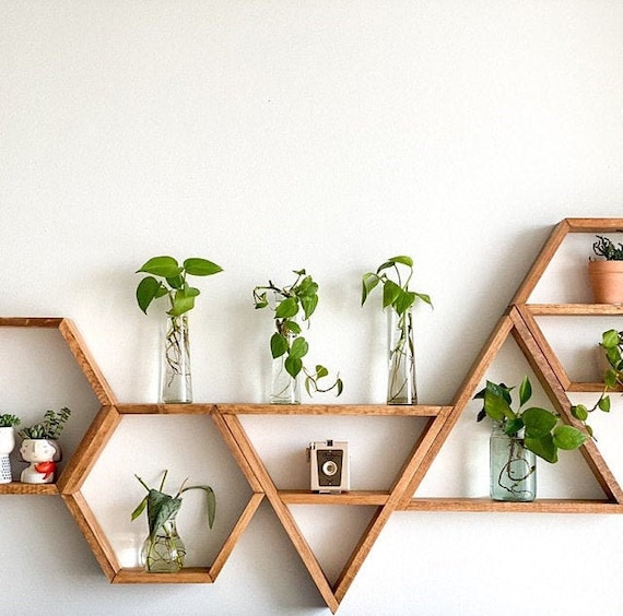 Wooden hexagon shelves deals