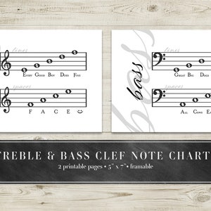 Treble & Bass Clef Note Charts Printable 5&quot;x7&quot; - Script