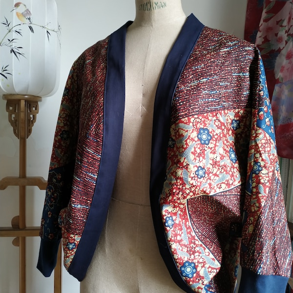 Gilet kimono réversible en wax rouge et bleu