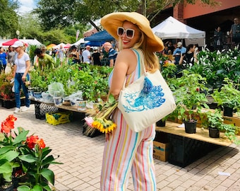 Hand Printed Peacock Tote