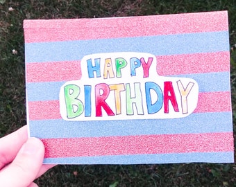 Colorful Happy Birthday Card, Blank Birthday Card, Handmade Cards, Fun Cards, Cards for Kids, Hand Painted Birthday Card, Sparkly Cards