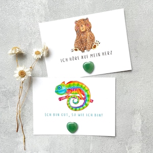 Kinder Karte mit Mutstein, positive Affirmationskarte Einschulung Schultüte, Kindergarten, Schulstart Mutmachkarte Herzstein, Chamäleon Bär