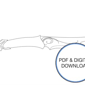 Może przedstawiać: Czarno-biały rysunek ozdobnego sztyletu z misternymi detalami. Obraz zawiera tekst "PDF & DIGITAL DOWNLOAD".