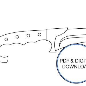 Może przedstawiać: Liniowy rysunek noża z zakrzywionym uchwytem i czterema otworami. Tekst "PDF & DIGITAL DOWNLOAD" znajduje się w kółku.