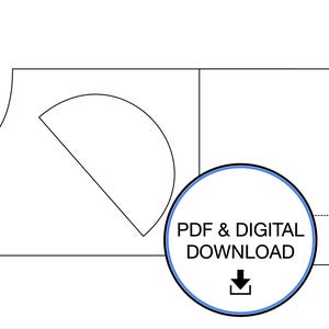 May include: A black and white line drawing of a sewing pattern. A blue circle with the text "PDF & DIGITAL DOWNLOAD" and a downward arrow is in the lower right corner.