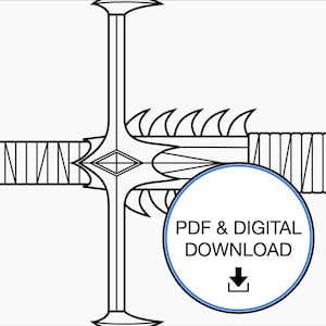 Può includere: Illustrazione in bianco e nero di una spada con un'elsa a forma di croce e una lama dettagliata. L'immagine include il testo "PDF & DIGITAL DOWNLOAD" all'interno di un cerchio blu con una freccia verso il basso.