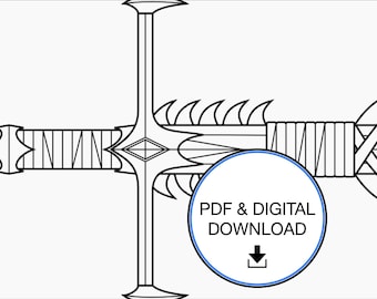 May include: Black and white line art illustration of a sword with a cross-shaped hilt and a detailed blade. The image includes the text "PDF & DIGITAL DOWNLOAD" inside a blue circle with a downward arrow.