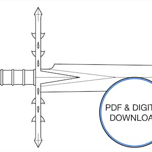 Può includere: Un disegno in bianco e nero di una spada con un'impugnatura a punta. La spada è su uno sfondo bianco con un cerchio blu che dice "PDF & DOWNLOAD DIGITALE".