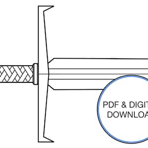 May include: Black and white line drawing of a sword with a woven handle. A blue circle with the text "PDF & DIGITAL DOWNLOAD" is in the lower right corner of the image.