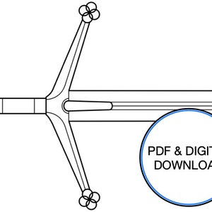 Op de afbeelding: Een zwart-witte lijntekening van een zwaard met een ronde blauwe rand om de tekst "PDF & DIGITALE DOWNLOAD".
