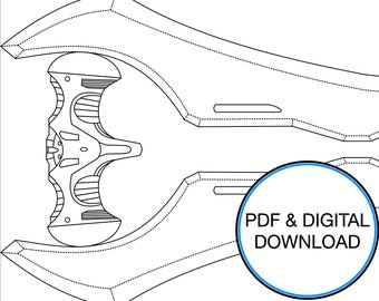 May include: A black and white line drawing of a sword with a large, curved blade and a handle with intricate details. The image includes the text "PDF & DIGITAL DOWNLOAD".