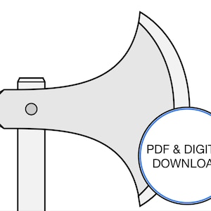 May include: A black and white line drawing of an axe with a rounded blade. The axe is on a white background with a blue circle that says "PDF & DIGITAL DOWNLOAD".