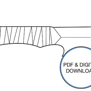 Könnte beinhalten: Schwarz-weiß-Zeichnung eines Messers mit einem gemusterten Griff. Das Bild enthält den Text "PDF & DIGITAL DOWNLOAD" in einem Kreis.