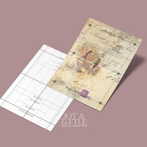 May include: Two vintage-style papers with floral and script designs. One is a grid-lined sheet, the other features a faded floral illustration, script, and a purple stamp. The bottom right corner of the image displays the text "JOT & TITTLE VINTAGE TYPEWRITERS."