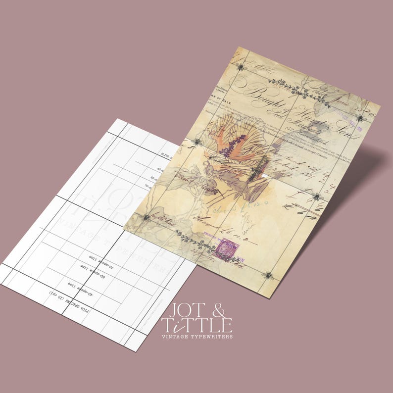 May include: Two vintage-style papers with floral and script designs. One is a grid-lined sheet, the other features a faded floral illustration, script, and a purple stamp. The bottom right corner of the image displays the text "JOT & TITTLE VINTAGE TYPEWRITERS."