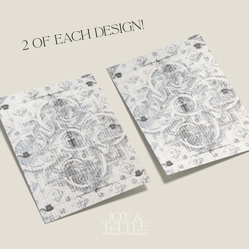 May include: Two rectangular, patterned designs with a vintage aesthetic. The designs feature a detailed, symmetrical pattern in shades of gray and white. The text "2 OF EACH DESIGN!" is at the top. The logo "JOT & TITTLE VINTAGE TYPEWRITERS" is at the bottom.