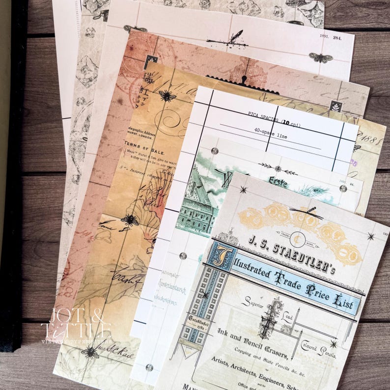 May include: A collection of vintage-style papers with aged textures and faded colors. The papers feature printed text, illustrations of insects, maps, and architectural elements. One sheet displays "Illustrated Trade Price List".