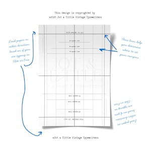 May include: A white paper with a grid pattern and text for vintage typewriter use. The text includes "Elite Spacing," "Pica Spacing," and instructions for setting margins. Copyrighted by Jot & Tittle Vintage Typewriters.