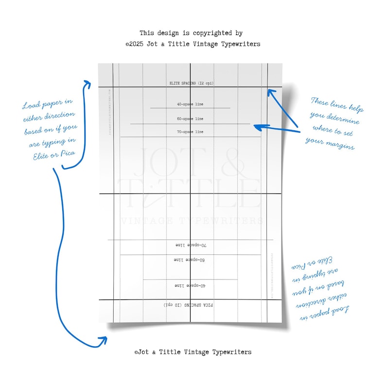 May include: A white paper with a grid pattern and text for vintage typewriter use. The text includes "Elite Spacing," "Pica Spacing," and instructions for setting margins. Copyrighted by Jot & Tittle Vintage Typewriters.
