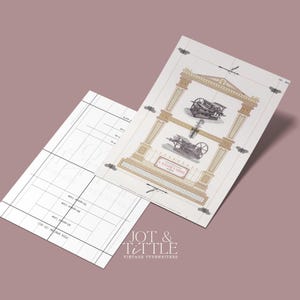 May include: Two vintage typewriter diagrams on cream-colored paper, one featuring a detailed architectural design with a typewriter illustration. The other is a grid-lined sheet. The JOT & TITTLE logo is at the bottom.