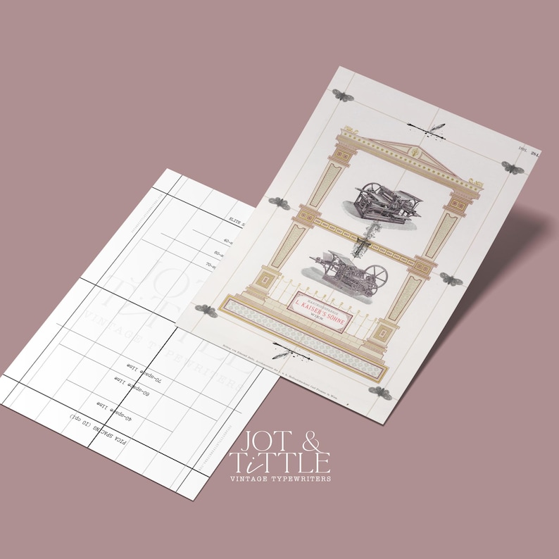 May include: Two vintage typewriter diagrams on cream-colored paper, one featuring a detailed architectural design with a typewriter illustration. The other is a grid-lined sheet. The JOT & TITTLE logo is at the bottom.