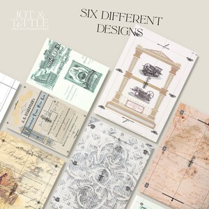 May include: A collection of six vintage paper designs, each with unique illustrations and text. The designs include architectural drawings, currency-style graphics, and ornate patterns. The text "SIX DIFFERENT DESIGNS" is displayed at the top. The Jot & Tittle Vintage Typewriters logo is in the upper left corner.