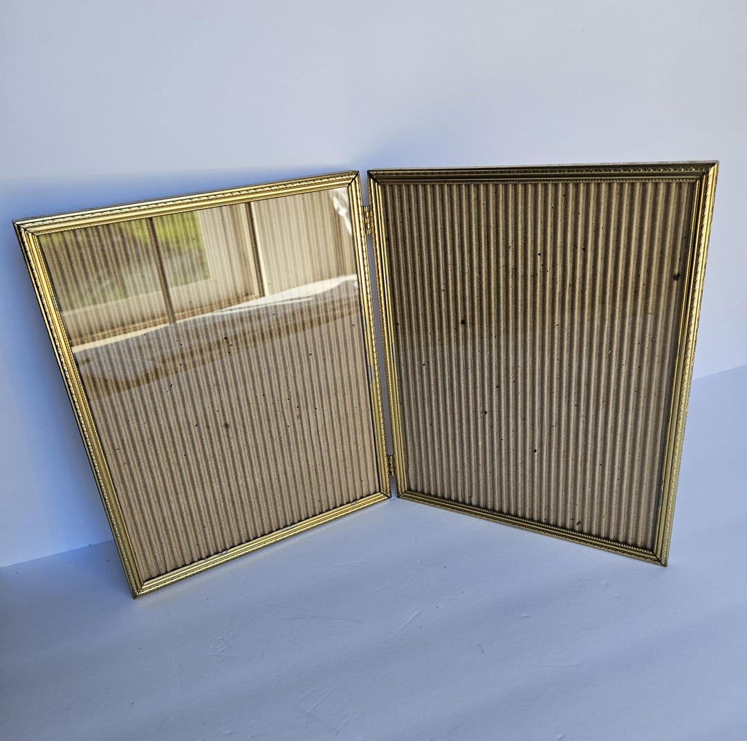 Vintage Double Photo Frame 8x10 | Hinged Gold Tone Ribbed Glass Frame ...