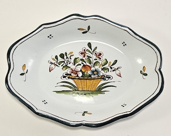 Vintage Rouen France Faience Dish Hand Painted Ceramic Bowl Floral Basket Faiencerie Augy