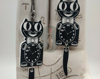 Cat clock earrings, Halloween earrings, gift for cat lover, gift for her, gift for mom, cat earrings, gothic earrings, clock earrings