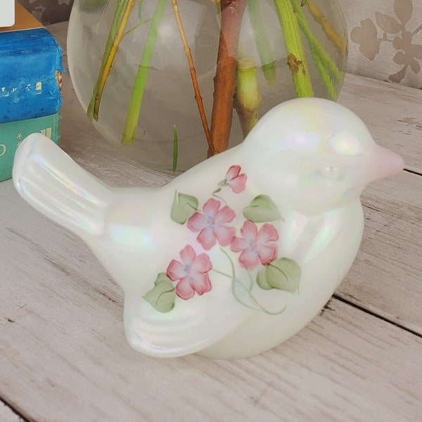 Iridescent Fenton handpainted bird figurine, lovebird with floral design