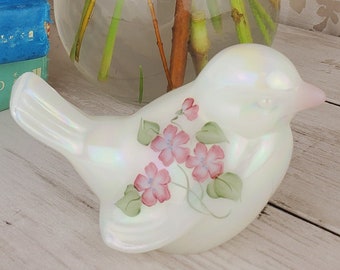 Iridescent Fenton handpainted bird figurine, lovebird with floral design