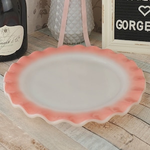 Hazel Atlas Ripple Princess Pink Crinoline ruffled rim milk glass plate, milkglass plate