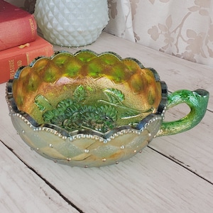 Imperial Glass Pansy pattern green carnival glass nappy bowl