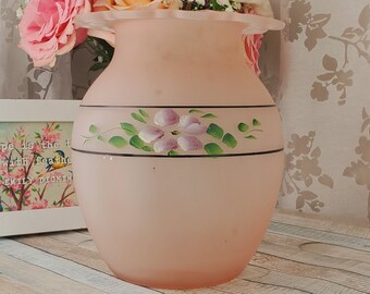 RARE! Handpainted Hocking Glass Old Colony Satin glass vase, aka Lace Edge or Open Lace pattern. 1930s