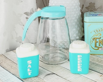 RETRO SET! Turquoise blue syrup jar, salt and pepper shakers