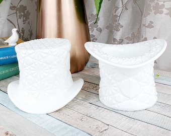 PAIR! Set of 2 Fenton milk glass daisy and button top hats, midcentury succulent planters, candle holders