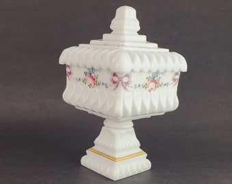 Westmoreland Glass handpainted milk glass bride's box, lidded candy dish with roses, ribbons and gold detailing